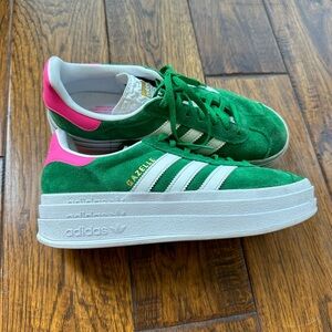 Pink and green Adidas gazelle sneakers